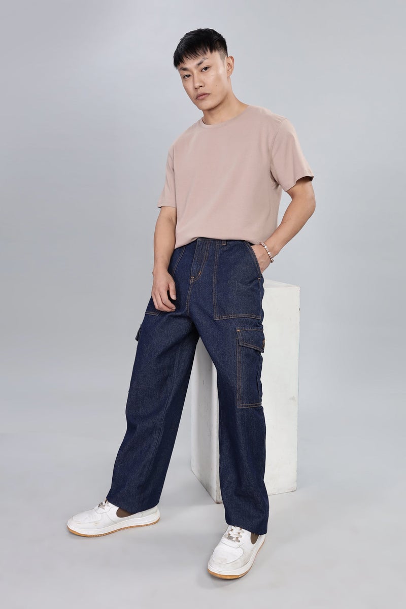 inkd Men's Cargo Carpenter Baggy Jeans – Mid-Rise | 100% Cotton | Contrast Stitch| 6 Pocket Styling | Baggy Jeans for Man | Cargo for Men - Image 2